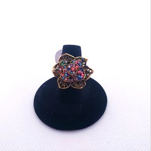 WOMAN'S SIZE 7 BOHEMIAN RING MOROCCAN COLORED BEADS TRIBAL FLOWER GOLD TONE NWT